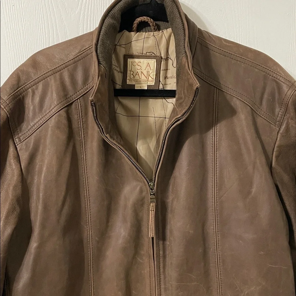 Jos. A. Bank Brown Leather Bomber Zip Up Jacket Map Lining Men’s Size Large